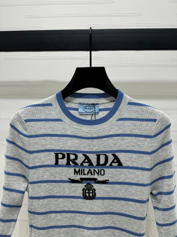 Prada Logo-Intarsia Striped Top Marble Grey Wool 351053