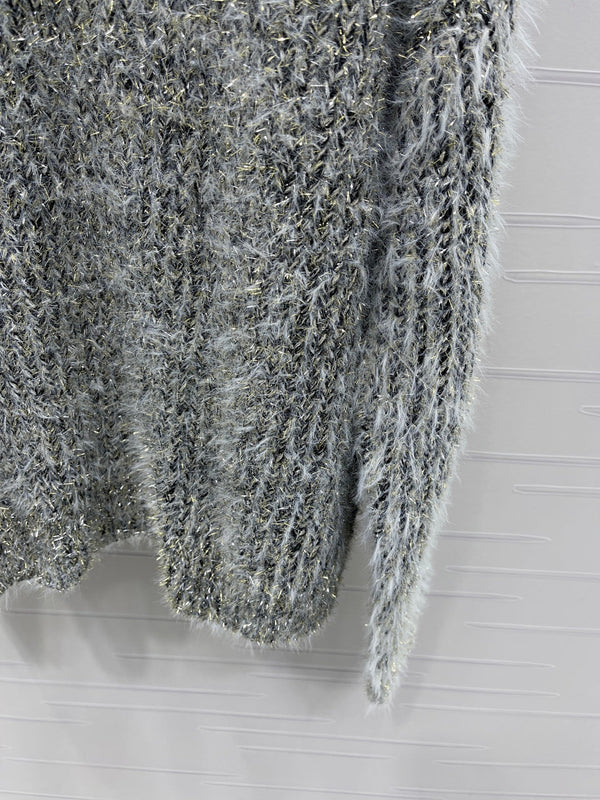 Chanel 2025 Ruffled Collar Shimmering Sweater Gray Black Polyester Wool 319566