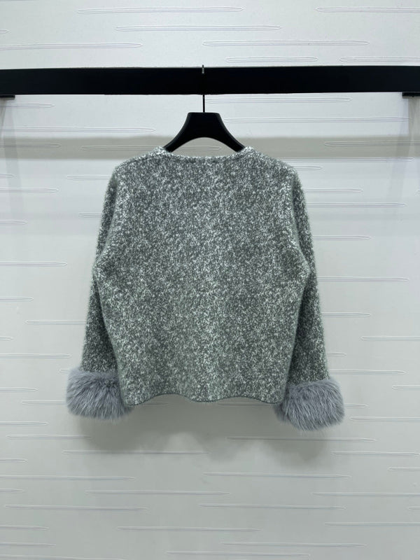 Chanel 2025 Fur-sleeved Crew Neck Cardigan Gray Polyester Wool 319595