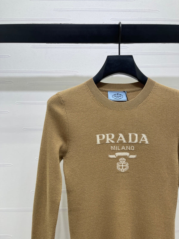 Prada Logo-Intarsia Wool Jumper Camel Wool 351032