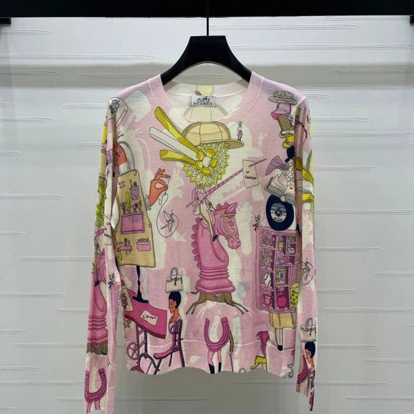 HM 2026 Printed Crew Neck Knit Long Sleeve Top Pink Wool 417087