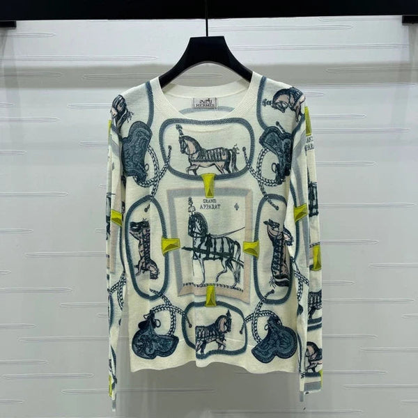 HM 2026 Horse Print Long Sleeve Top Cream Blue Wool 417088