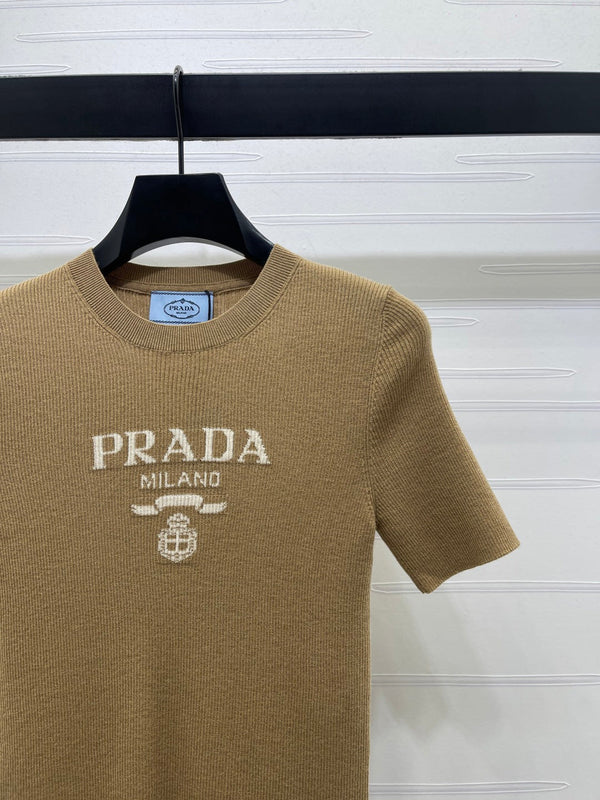 Prada Round Neck Knit Short-Sleeve Top Camel Wool 351040