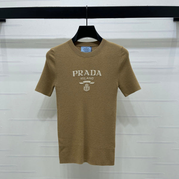 Prada Round Neck Knit Short-Sleeve Top Camel Wool 351040