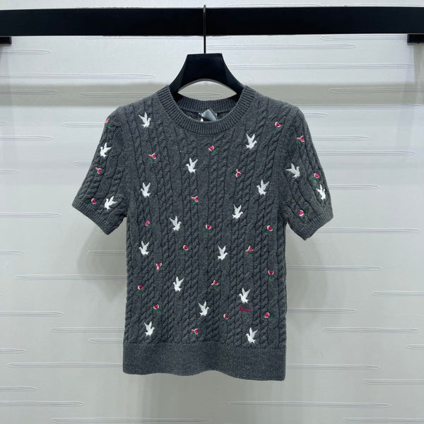CD SS26 Embroidered Cable-Knit Sweater Bird Rose Grey Cashmere 351088