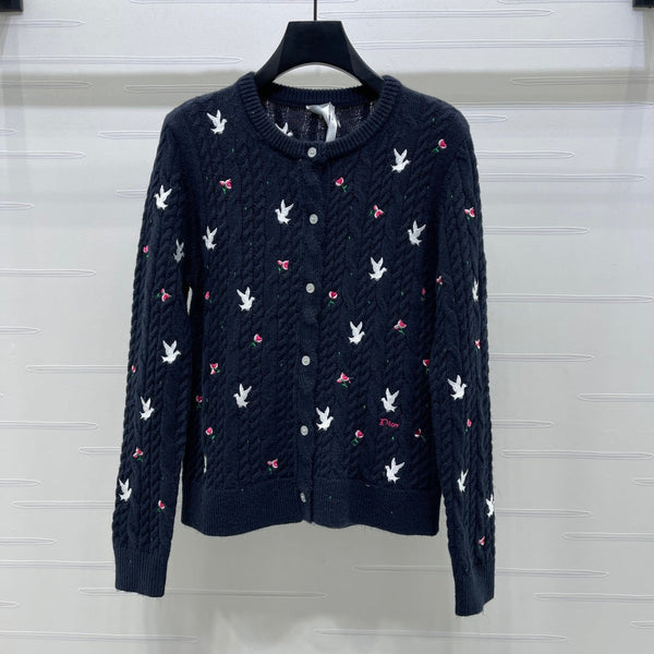 CD SS26 Crew Neck Embroidered Knit Cardigan Navy Blue Cashmere 351073