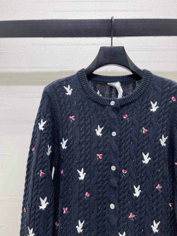 CD SS26 Crew Neck Embroidered Knit Cardigan Navy Blue Cashmere 351073