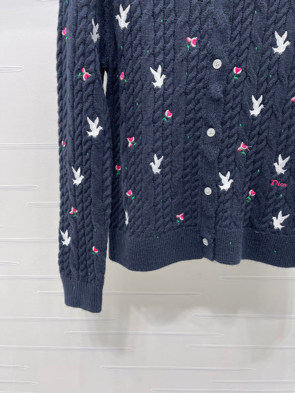 CD SS26 Crew Neck Embroidered Knit Cardigan Navy Blue Cashmere 351073