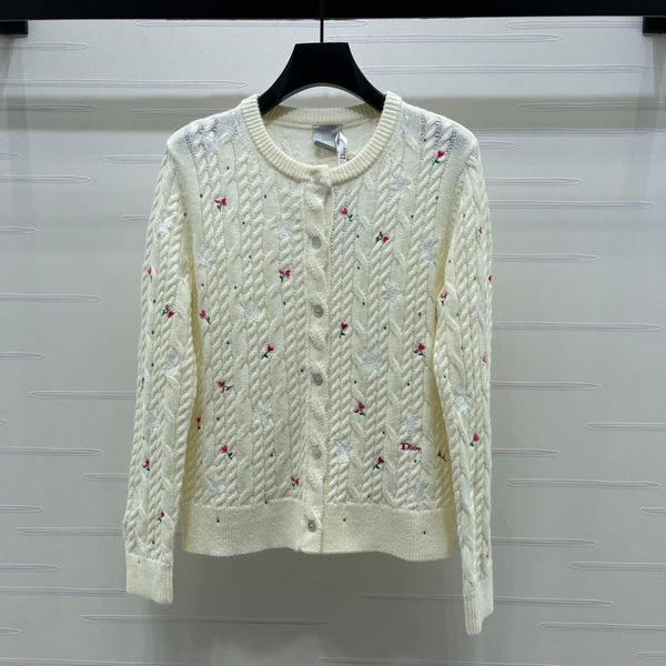 CD SS26 Crew Neck Embroidered Knit Cardigan Ivory Cashmere 351072