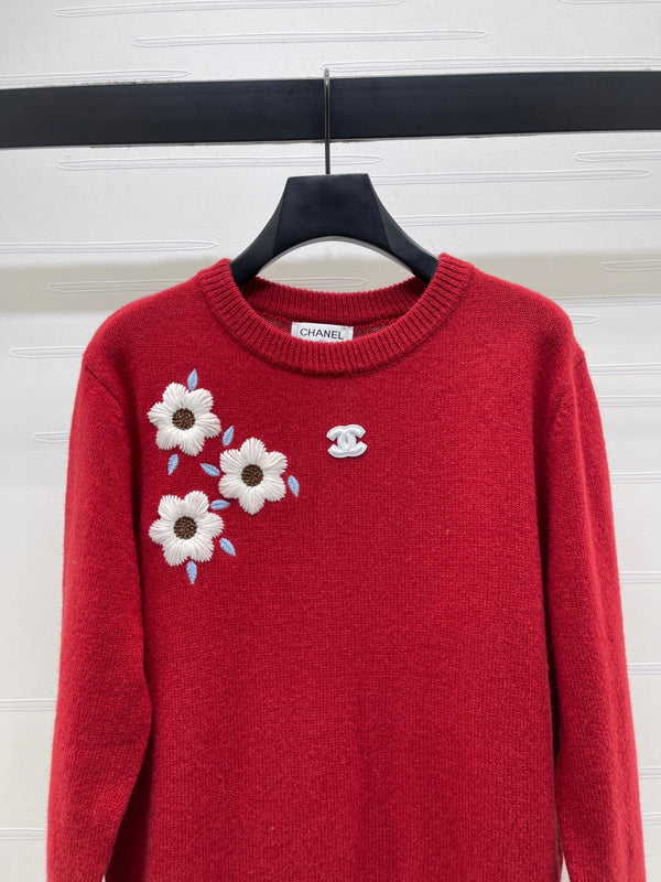 Chanel Floral Patterns Red Sweater Embroidered 340997