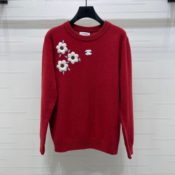 Chanel Floral Patterns Red Sweater Embroidered 340997