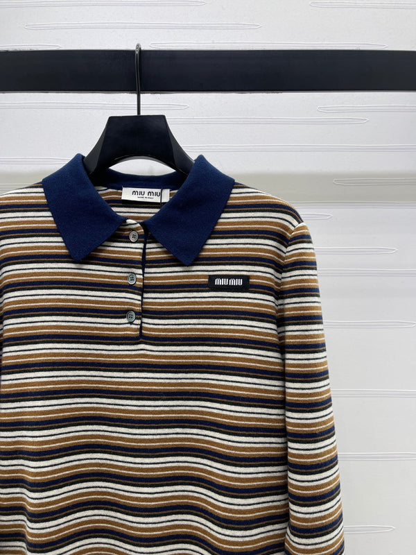 Miu Miu Striped Logo Polo Shirt beige and brown virgin wool 340970