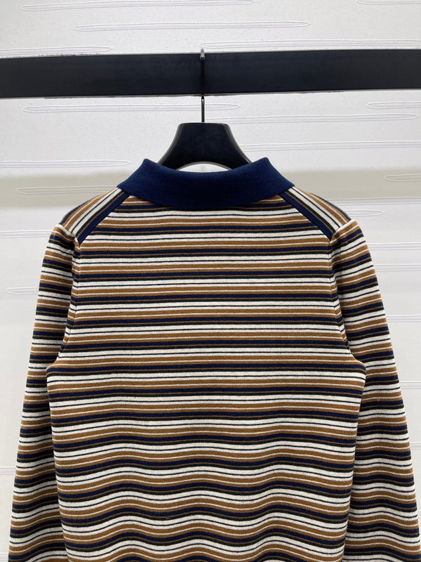 Miu Miu Striped Logo Polo Shirt beige and brown virgin wool 340970