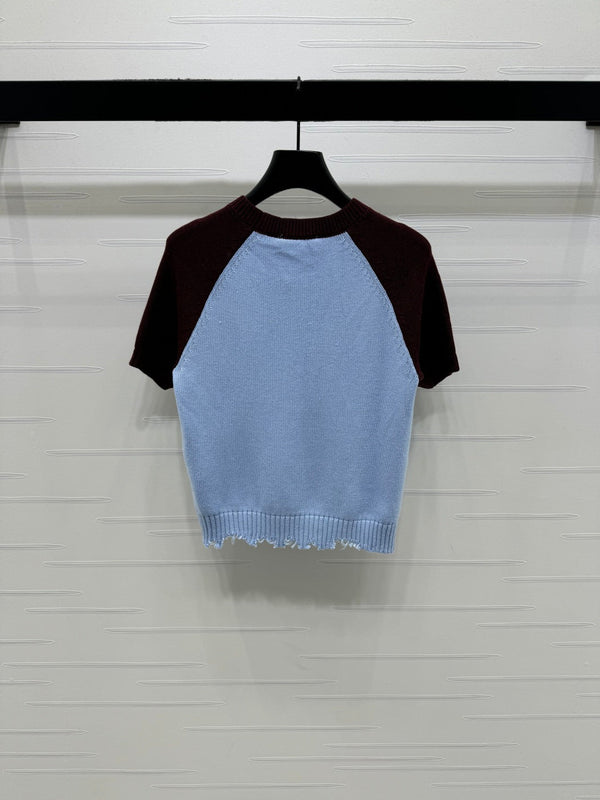 CC Short Sleeve Knitted Sweater Light Blue Burgundy Cashmere Wool 351024