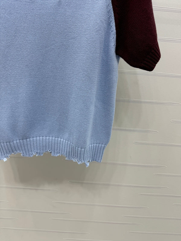 CC Short Sleeve Knitted Sweater Light Blue Burgundy Cashmere Wool 351024
