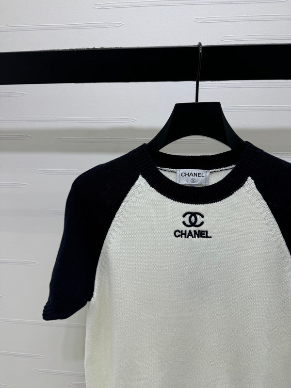 CC Short Sleeve Knitted Sweater White Black Cashmere Wool 351022