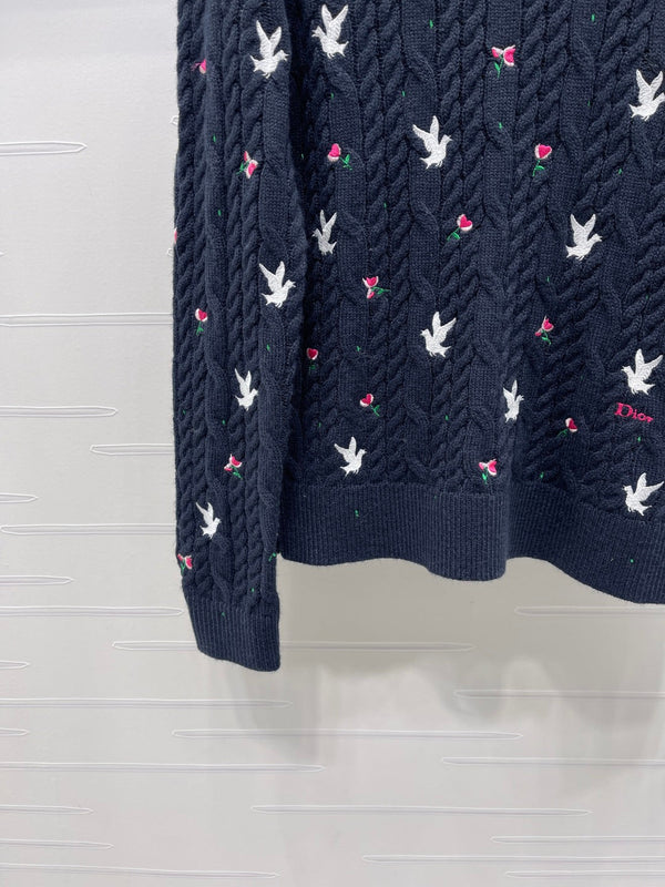 CD SS26 Dioramour Embroidered Cable-Knit Sweater Navy Blue Cashmere 351078