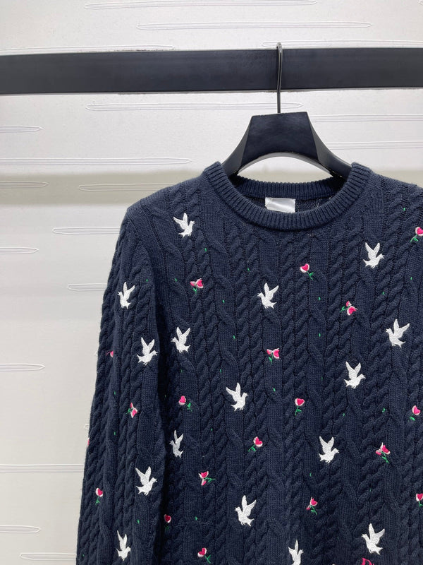 CD SS26 Dioramour Embroidered Cable-Knit Sweater Navy Blue Cashmere 351078