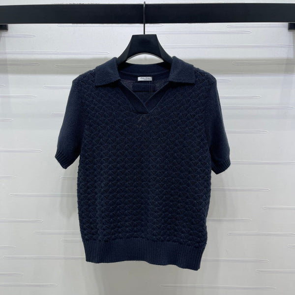 Miu Polo Half-Open Short-Sleeved Top Navy Blue Knit 343436