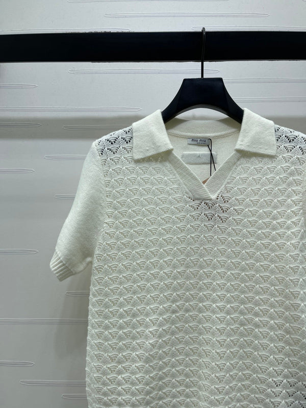 Miu Polo Half-Open Short-Sleeved Top Ivory Knit 343437