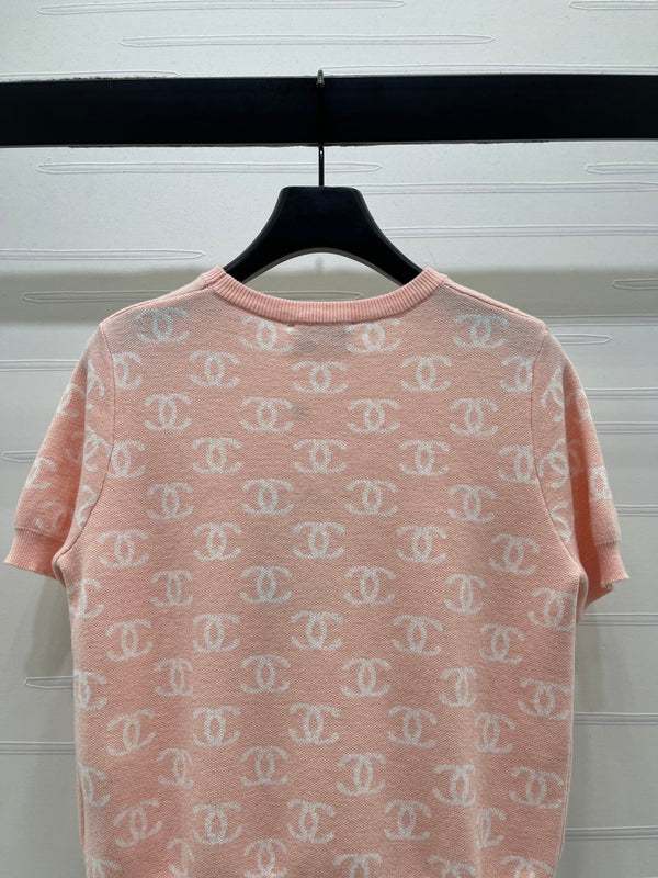 CC 26sJacquard Knit Short-Sleeved Cardigan Pink Wool 344125