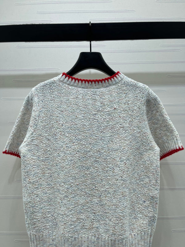 CC 26s Color-Blocked Woven Crew Neck Short-Sleeved Top Grey Red 344115