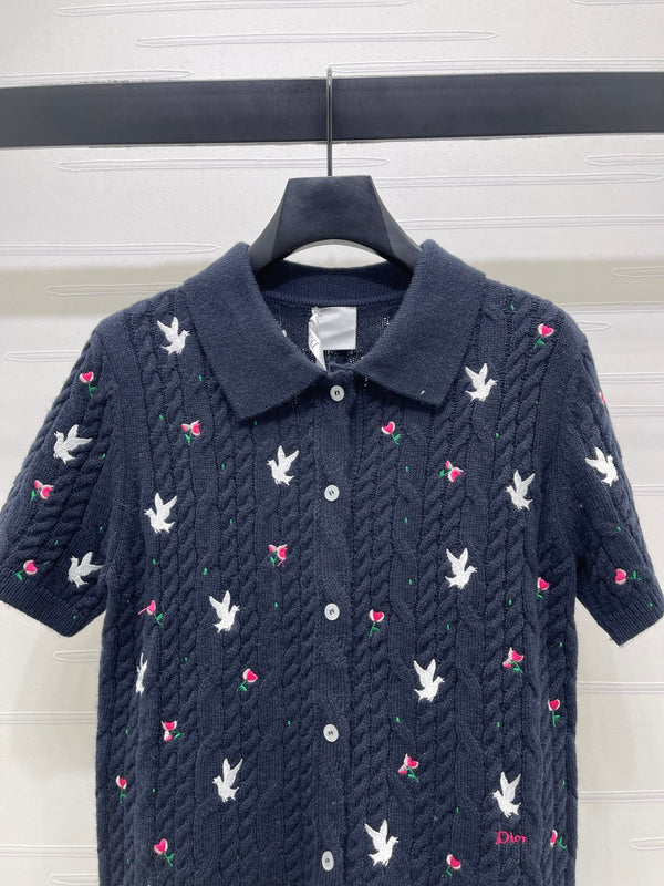 CD SS26 Embroidered Knit Polo Shirt Bird Rose Navy Blue Cashmere 351083