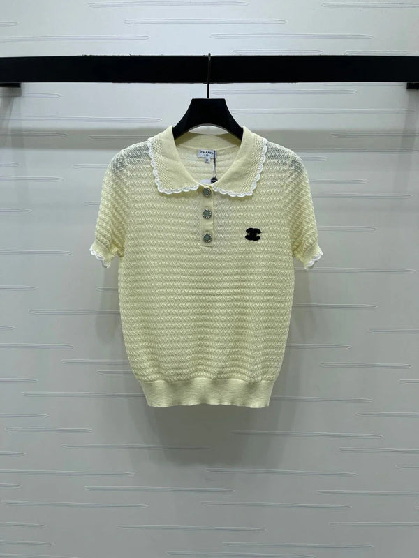 CC 2026 Lace-trimmed Polo Collar Knit Short-sleeved Top Cotton 390780