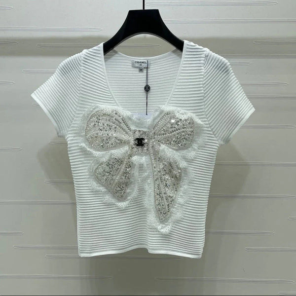 CC 2026 Lace Sequin Bow Knit Short-Sleeve T-Shirt Viscose 390731
