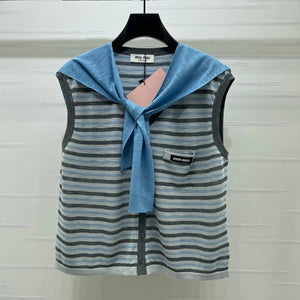 Miu 2026 V-neck Striped Knit Vest Blue Grey Wool 397412