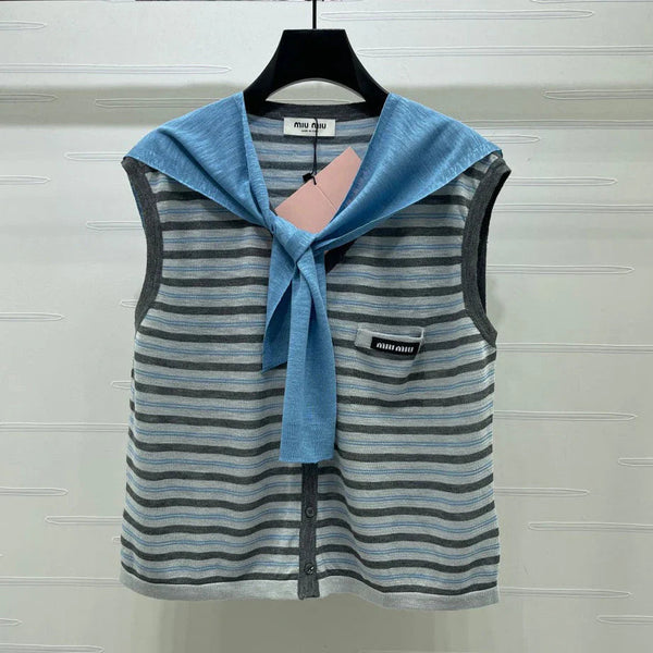 Miu 2026 V-neck Striped Knit Vest Blue Grey Wool 397412