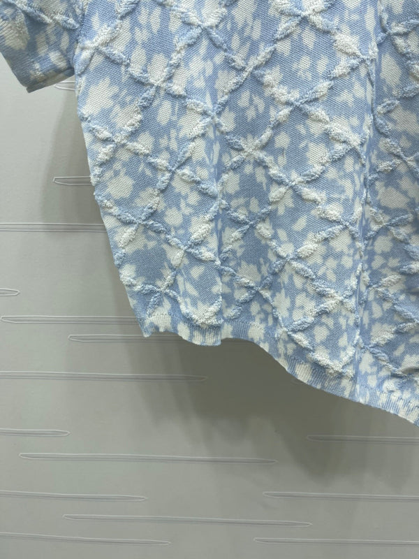CC 26s Floral Knit Short-Sleeved Top Blue White Wool 401606