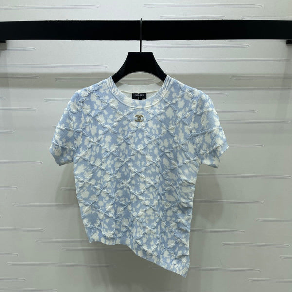 CC 26s Floral Knit Short-Sleeved Top Blue White Wool 401606