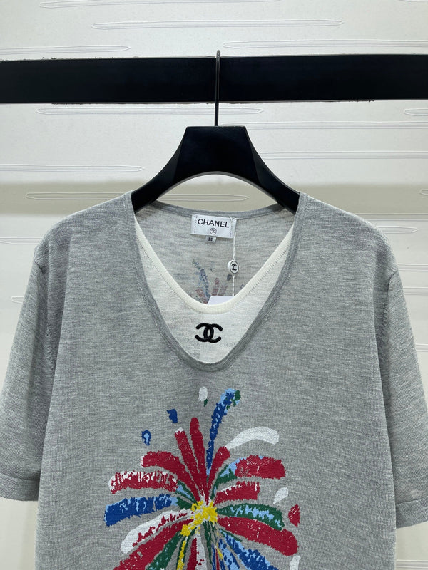 CC 26s Color-Blocked Faux Two-Piece Knit Short-Sleeved Top Nylon Slik Wool 401602