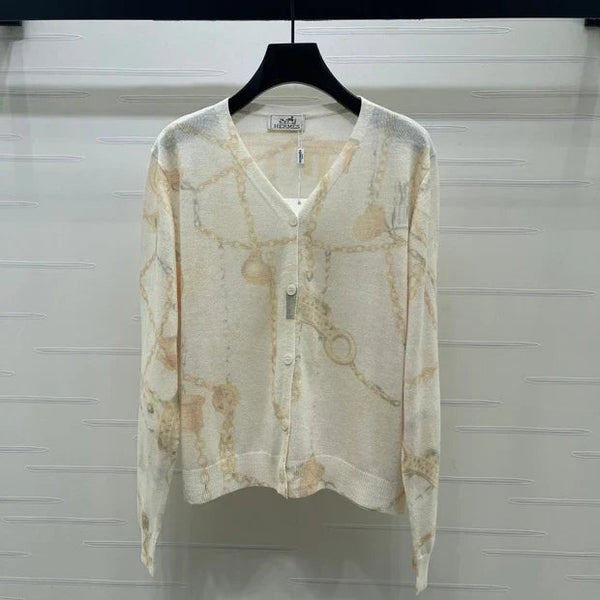 HM 2026 Printed V-neck Knit Long-Sleeve Cardigan Cream Wool 661988