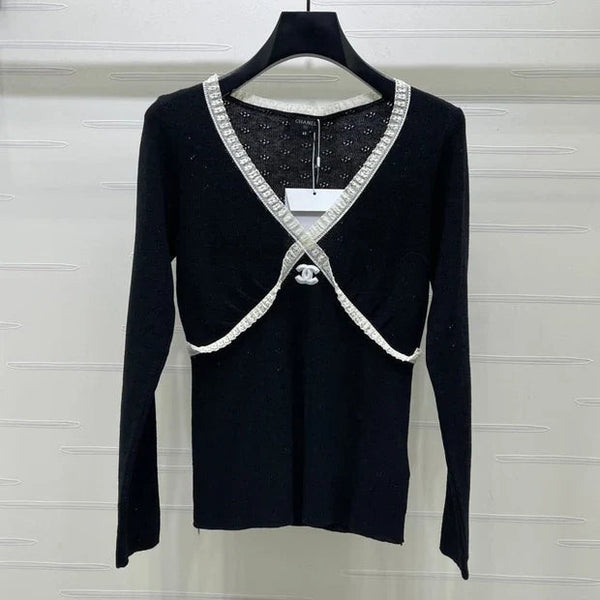 CC 2026 Lace-trimmed Knit V-neck Long-sleeved Top Wool 773815