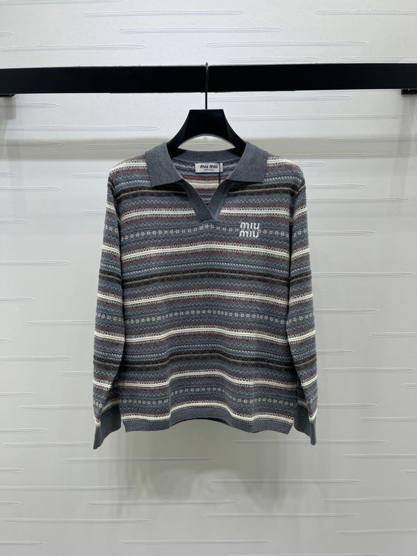 Miu 26s Striped Collar Knit Long Sleeve Wool 423879