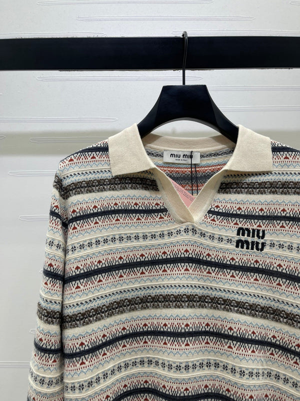 Miu 26s Striped Collar Knit Long Sleeve Wool 423879