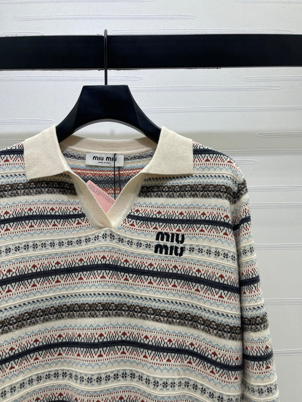 Miu 26s Striped Collar Knit Long Sleeve Wool 423879