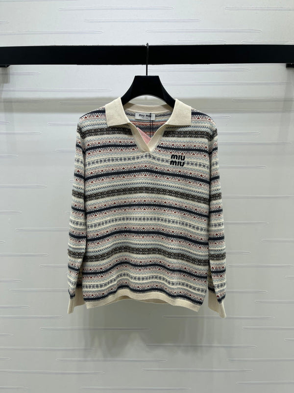 Miu 26s Striped Collar Knit Long Sleeve Wool 423879