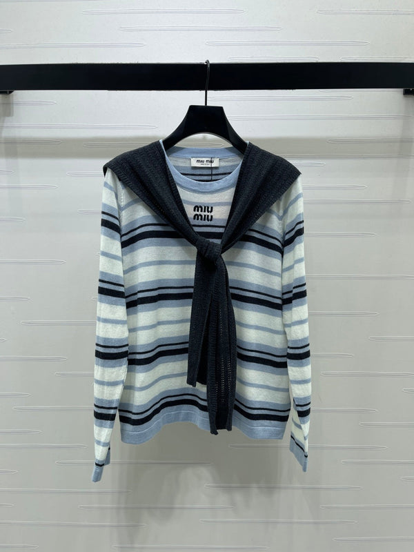 Miu 26s Striped Shawl Knit Long-Sleeved Top Wool 423904