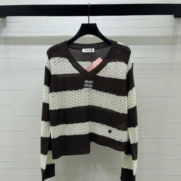Miu 26s Striped Collar Knit Long Sleeve Cream Brown Wool 423899