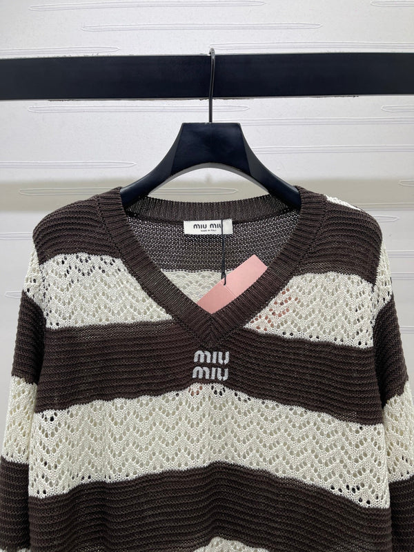 Miu 26s Striped Collar Knit Long Sleeve Cream Brown Wool 423899