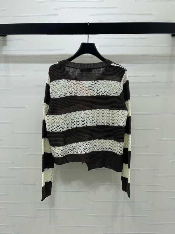 Miu 26s Striped Collar Knit Long Sleeve Cream Brown Wool 423899