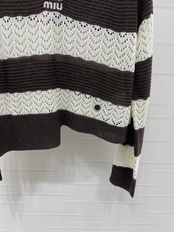 Miu 26s Striped Collar Knit Long Sleeve Cream Brown Wool 423899