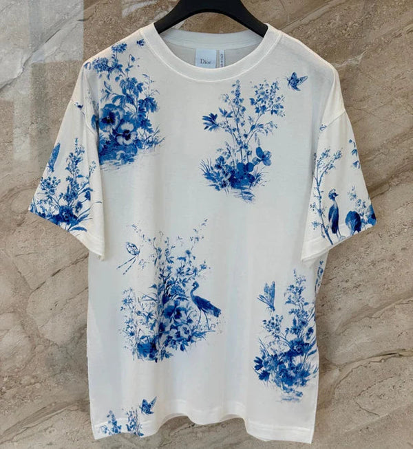 CD 2026 Blue Floral and Bird Print Short-Sleeve T-Shirt Cotton 415774
