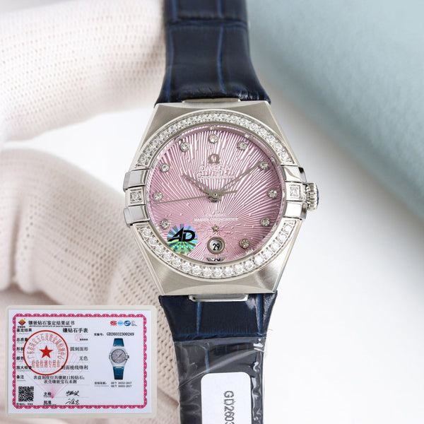 Omega Constellation 29mm Diamond Bezel Diamond Numerals Crocodile Leather