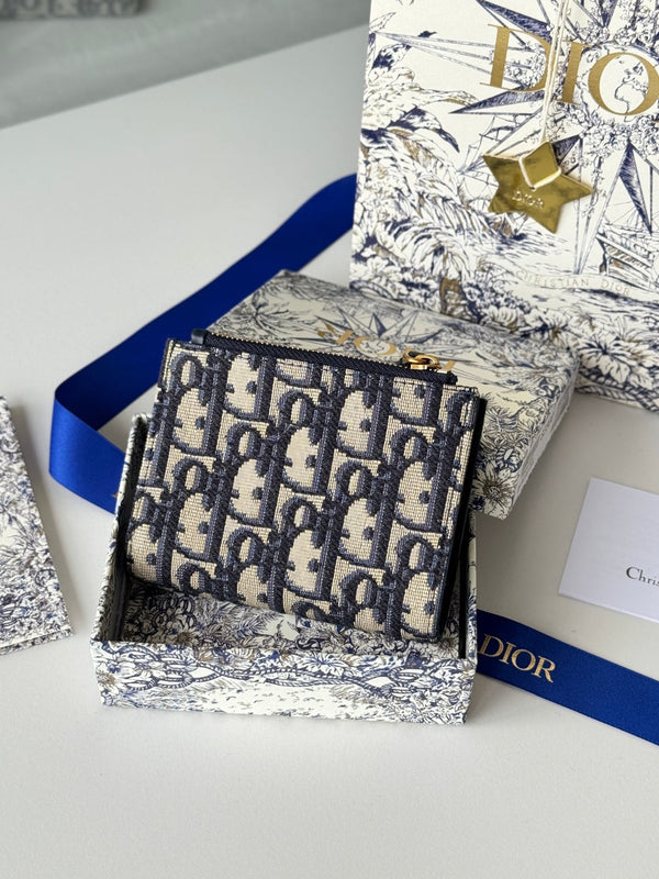CD 30 Montaigne Dahlia Wallet 12cm Blue Fabric & Calfskin Jacquard