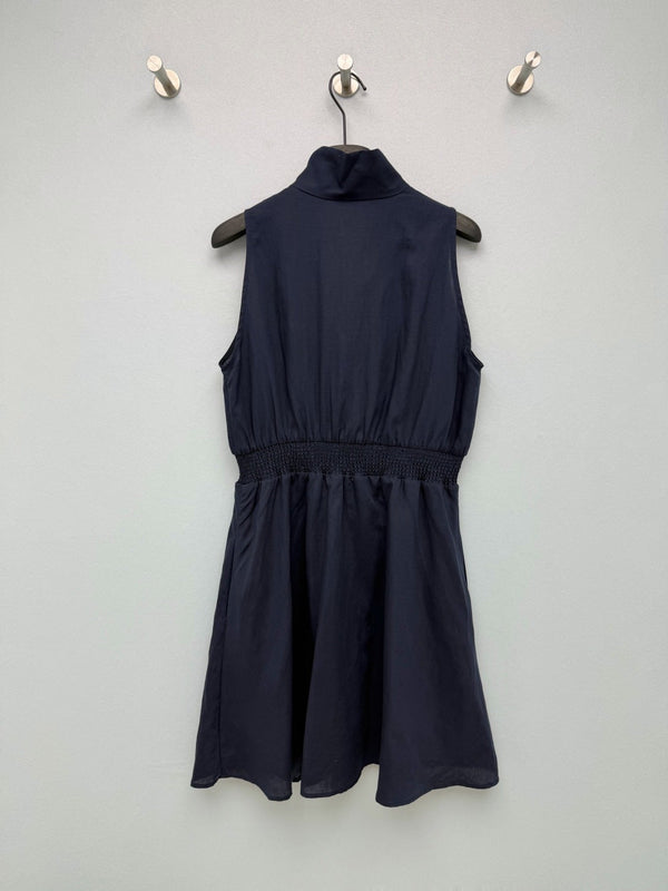 Miu Collar Zipper Sleeveless Waist-Cinching Dress Navy Linen 394354