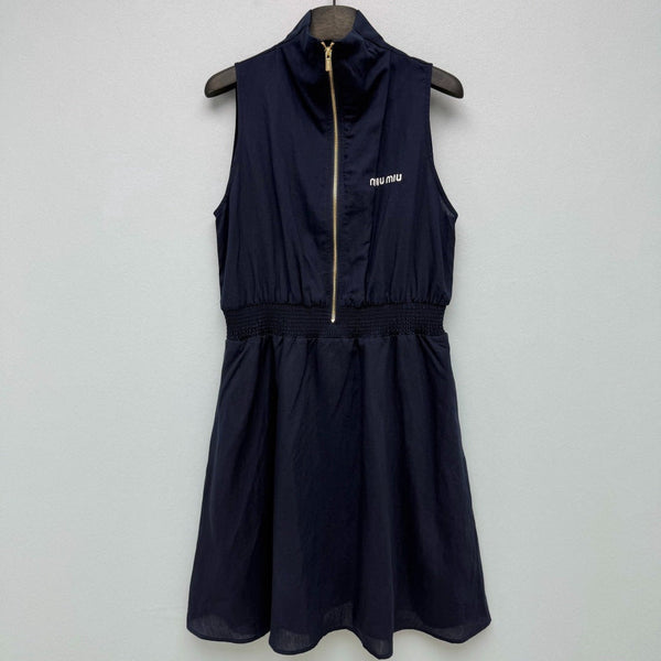 Miu Collar Zipper Sleeveless Waist-Cinching Dress Navy Linen 394354
